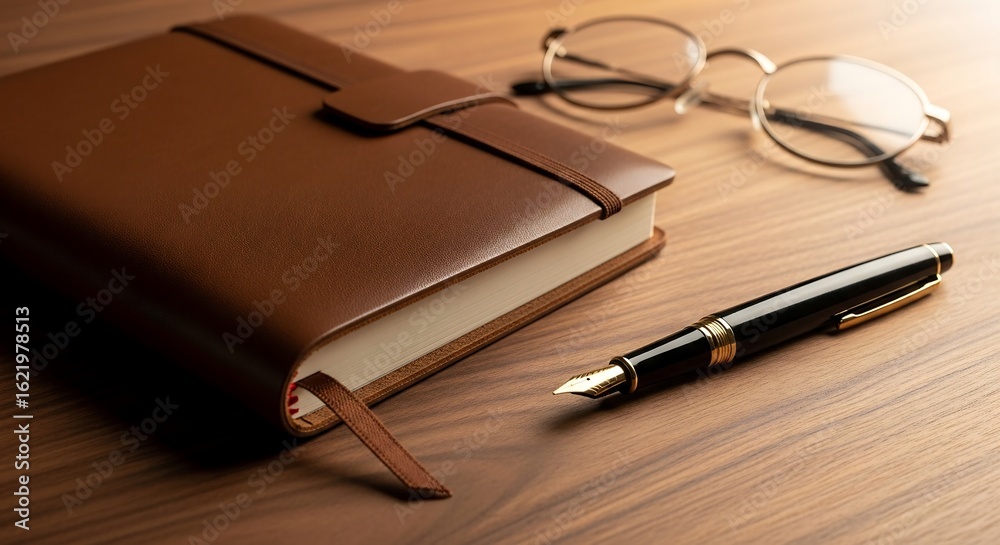 Closed leather notebook with glasses and fountain pen on walnut table, angled close-up for timeless editorial literary product style Closed leather notebook with glasses and fountain pen on walnut table, angled close-up for timeless editorial literary product style