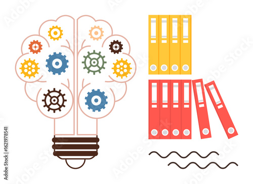 Light bulb filled with colorful cogs represents creativity and problem-solving next to neatly stacked file folders. Ideal for innovation, organization, brainstorming, teamwork, productivity, ideas