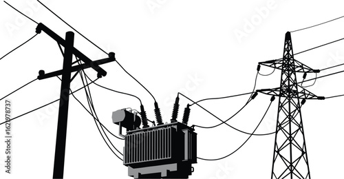 Electric power transformer on pole, utility pole with wires, substation structure, energy distribution system, cad drawing flat vector illustration
