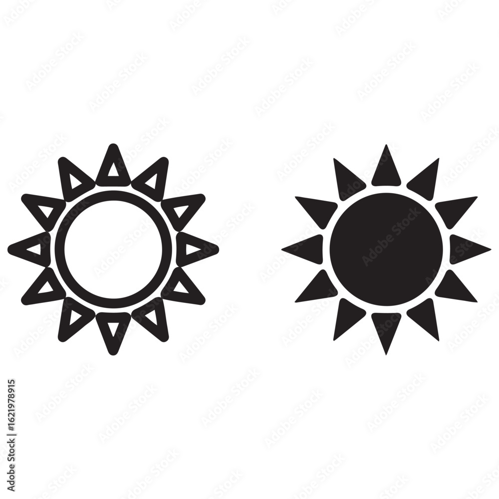 Two stylized sun symbols one outline one solid black Two stylized sun symbols one outline one solid black