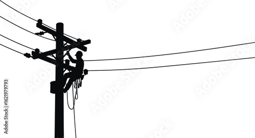 Electrical lineworker climbing utility pole, power cable maintenance silhouette, electrical repairman vector, lineman at work, cad electric service illustration
