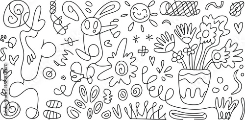 Whimsical Doodle Art Line Drawing, Rabbit Figure, Smiling Sun, Floral Vase, Abstract Shapes, Hearts and Stars, Black and White Illustration