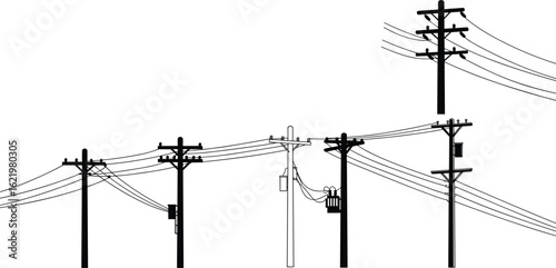 Utility power poles, electric cable lines, energy distribution structure, silhouette vector, electrical grid, cad engineering drawing, transformer pole system