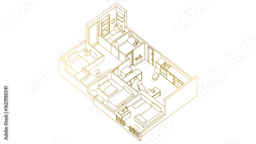Detailed Isometric Floor Plan in Gold Outline for Architectural and Interior Designs
