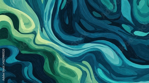 Abstract swirling teal and green paint texture; design background