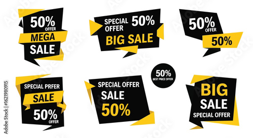 Black and yellow sale banners with fifty percent offer discount promotion