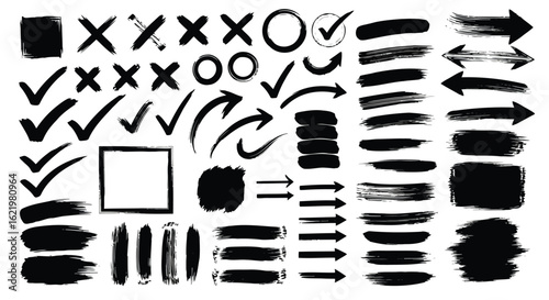 Black brush strokes check marks crosses circles arrows and shapes vector