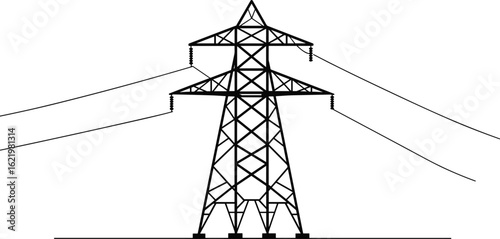 High voltage electricity pylon, power transmission tower, utility pole wire, energy grid structure, cad drawing, black line vector illustration