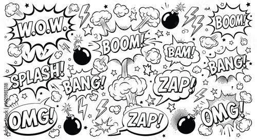 Comic book explosion sound effects and symbols boom bang