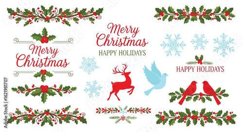 Festive christmas elements with holly berries snowflakes reindeer dove and cardinals vector