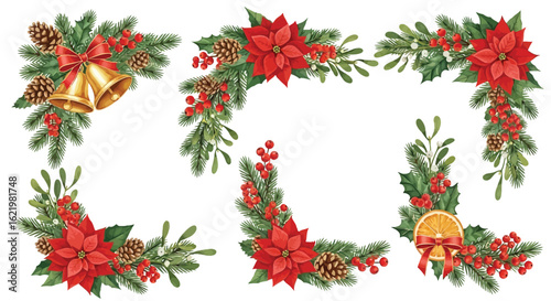 Festive christmas floral arrangements with pine cones holly berries poinsettias and bells vector
