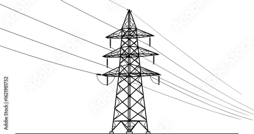 Electricity transmission tower vector, high voltage lines, black wire pylon, cad drawing, grid power structure, flat illustration, industrial design