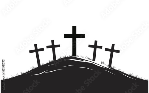 Minimal Christian Hill with Five Crosses Symbolizing Holy Sacrifice and Resurrection