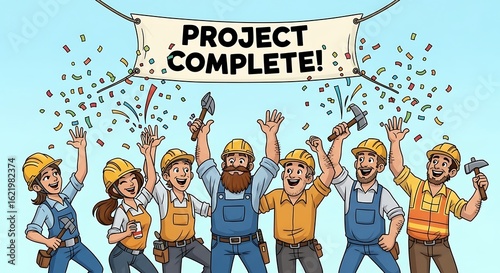 Cartoon construction workers celebrating project completion with confetti in the air, symbolising