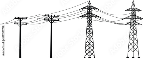 Electric poles and power transmission towers, utility infrastructure silhouette vector, detailed power line illustration, cad drawing, flat vector illustration design