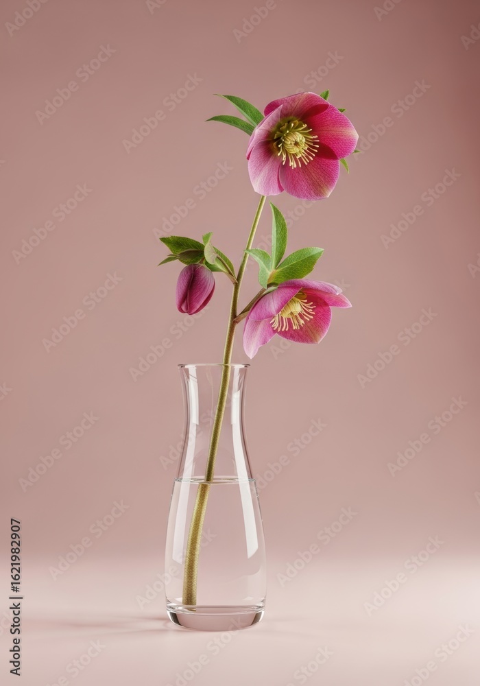 Obraz premium Elegant Pink Hellebore Flowers in a Clear Glass Vase on a Soft Pink Background
