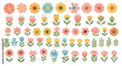 Various colorful floral illustrations with green leaves flowers nature