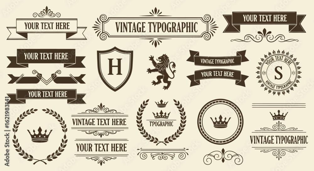 Vintage typographic elements with crowns lions and banners ribbons