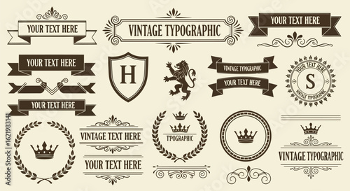 Vintage typographic elements with crowns lions and banners ribbons