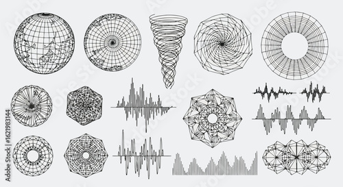 Wireframe globes geometric shapes sound waves tornado earth geography