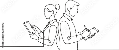 Continuous Line Drawing of Man and Woman Examining Documents