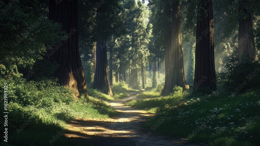 Obraz premium Sunlit Path Through Redwood Forest