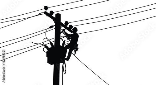 Silhouette of lineman fixing electric power lines, utility pole maintenance, safety gear, high voltage transformer, cad drawing, flat vector illustration