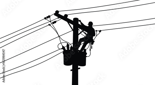 Silhouette of utility lineman fixing electric cables, high voltage repair vector, power line maintenance, safety equipment, cad drawing, detailed outline