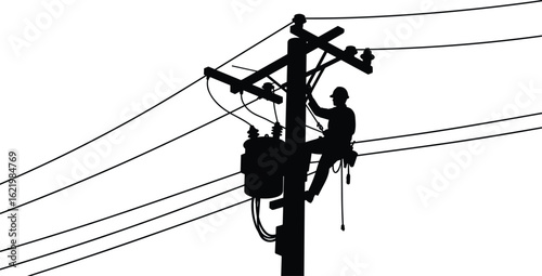 Silhouette of lineman working on electric pole, power maintenance vector, utility repair scene, safety harness, cad drawing, black and white
