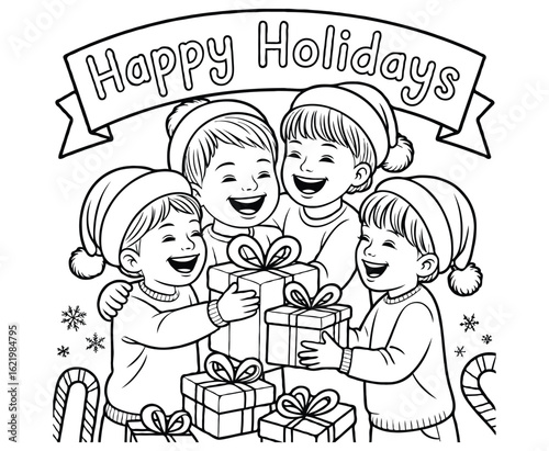 Children Joyfully Gifts Christmas Coloring Page