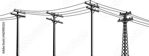 Electrical poles and transmission tower line art, cad vector drawing, power cable distribution design, utility infrastructure silhouette, black wire grid system