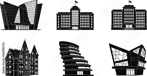 Modern and classic building silhouettes, black architectural vector set, office towers, institutions, apartments, and skyscraper illustrations for design projects.