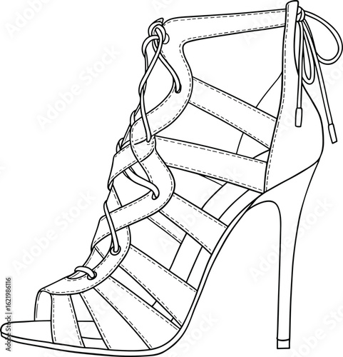 High heel stiletto line art, open-toe shoe with crisscross straps, lace-up ankle design, CAD drawing, vector fashion illustration