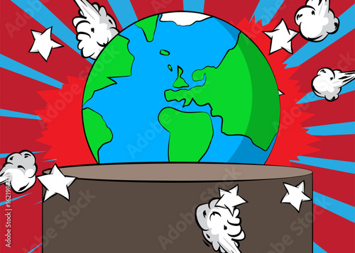 Comic Book Product podium stage for mockup presentation with planet Earth. Retro comics background.