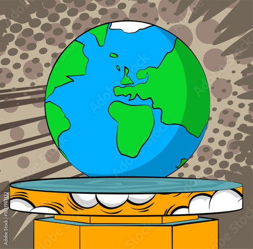 Comic Book Product podium stage for mockup presentation with planet Earth. Retro comics background.