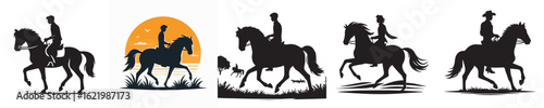 vector of young man riding a horse silhouette