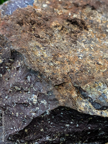 Close-up shot of a textured rock surface showcasing earthy tones of brown, red, and gray