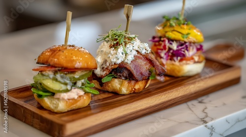 Gourmet Sliders Displayed on Tray. Close-up. Food photography. Restaurant menu, advertising, website, social media use.