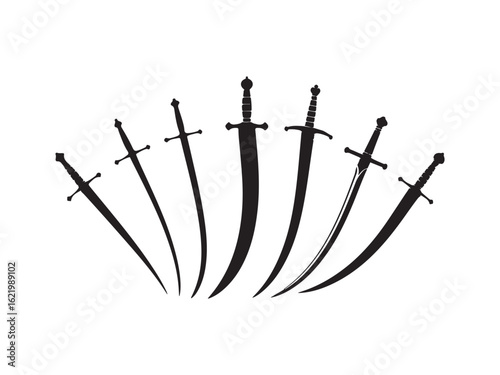 Collection of curved swords arranged in an arc silhouette vector isolated on white background