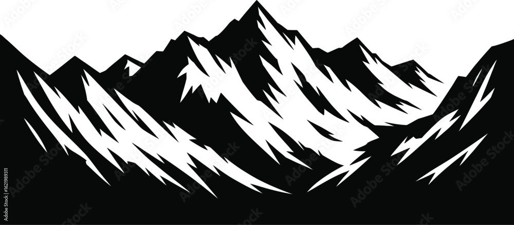 Naklejka premium Jagged mountain peaks silhouette mountains black and white