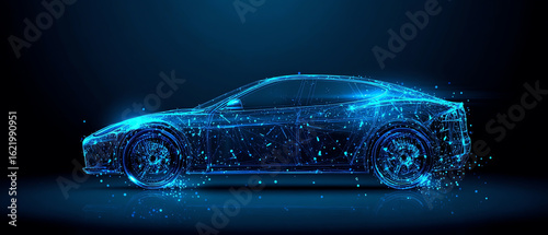 Futuristic digital representation of a sleek sports car composed of glowing blue particles and lines against a dark background, symbolizing technology and innovation