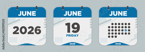 Modern Calendar icon. June. 2026 19 day. The concept of waiting for an important date. Day calendar with date June 19. Cheklist day calendar. Vector illustration