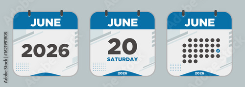 Modern Calendar icon. June. 2026 20 day. The concept of waiting for an important date. Day calendar with date June 20. Cheklist day calendar. Vector illustration