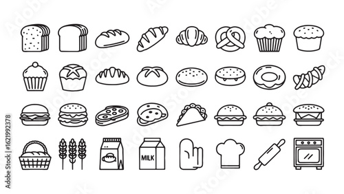Bakery Food Collection Detailed Outline Bread Pastries Desserts Sweets Treats Design