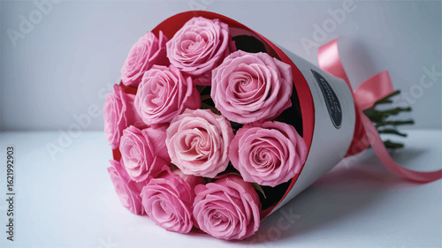 Pink roses bouquet wrapped in paper with ribbon floral arrangement gift