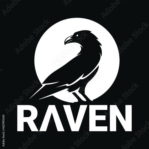 Black raven logo. Full moon crow silhouette emblem Vector Template