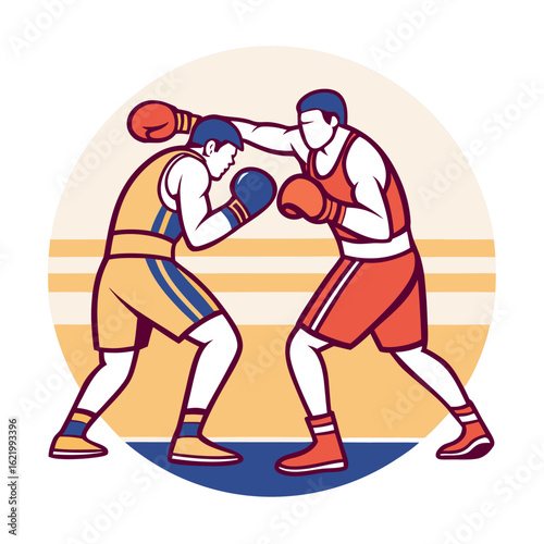 Two athletes wearing gloves are actively boxing against a stylized circular background