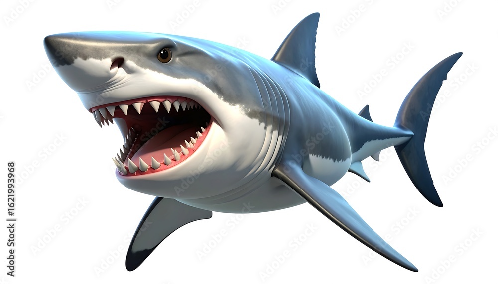 Fototapeta premium Fearsome great white shark illustration with open jaws in an aggressive attack pose. A 3D render of a marine predator isolated on white.