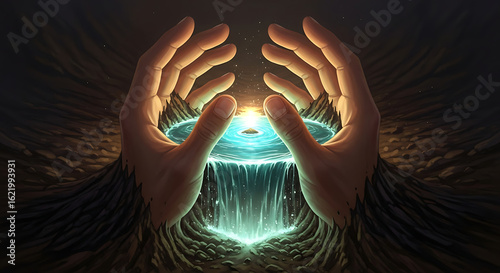Earthen hands nurturing a sacred spring, a glowing source of pure water and life energy.