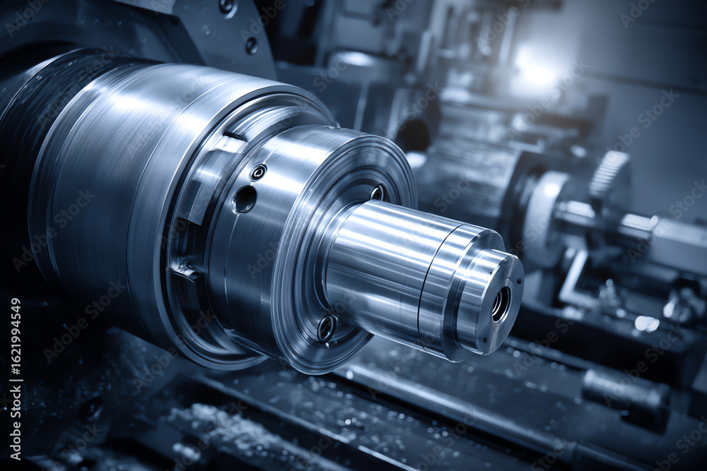 Fototapeta premium Close-up of a precision metal lathe machine shaping a cylindrical steel part under cool lighting in an industrial manufacturing setting